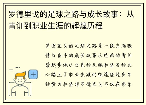 罗德里戈的足球之路与成长故事：从青训到职业生涯的辉煌历程